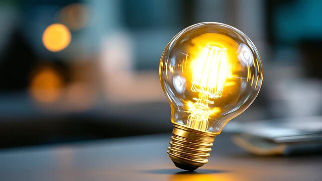 Close-up of warm LED filament inside a contemporary bulb, golden light illuminating micro-textures of filament, clean high-tech aesthetic representing sustainable innovation, blurr