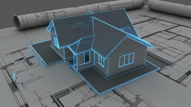 3d house model on architectural blueprints suitable for construction, real estate, architecture, design, and planning projects. Ideal for presentations.