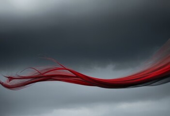 Red silk-like curves flowing against a stormy cloudy sky