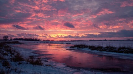 Obraz premium Sunset over a frozen river with clouds reflecting bright colors in the winter sky near a snowy landscape at dusk