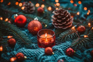 Cozy Christmas Scene with Red Ornaments, Pinecone, and Lit Candle on Knitted Fabric