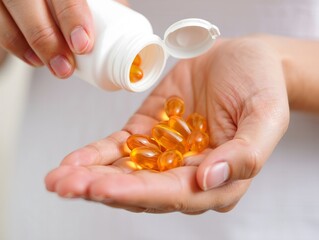 Hands Holding Orange Vitamin Capsules from Bottle