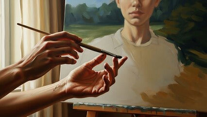 Artist s Hands Painting a Portrait