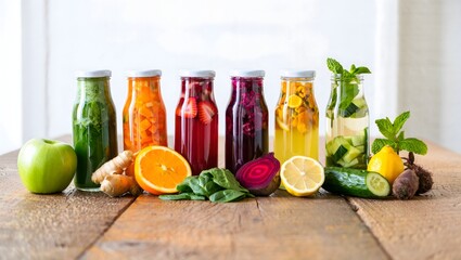 Colorful Detox Juices and Fresh Ingredients on Wooden Table