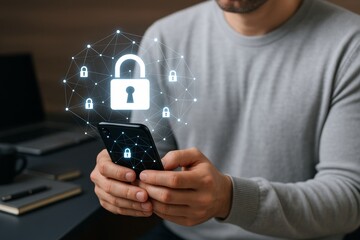 Man holding smartphone with digital padlock hologram symbolizing cybersecurity and data protection concept in modern technology environment. Ai generative