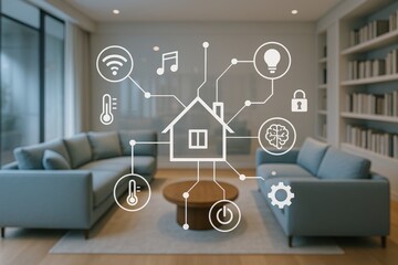 Smart home technology interface concept with connected digital icons over modern living room interior background showing automation and connectivity. Ai generative