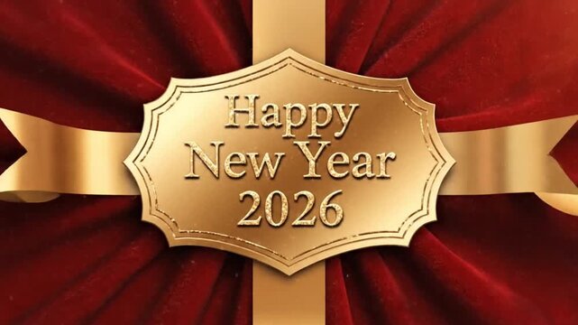 A festive animation celebrating the New Year 2026, set against a rich, velvety red background. A gentle, realistic snowfall drifts down, adding a touch of winter magic.
