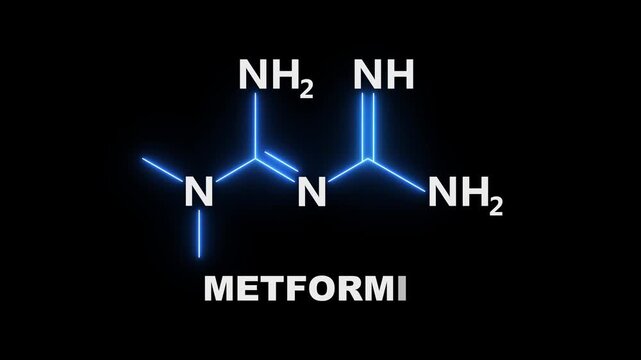 neon Metformin Molecular Structure On black Background. glowing chemical formula of Metformin. Metformin Molecular Structure Symbol icon Animation. Metformin Molecule Structure icon.