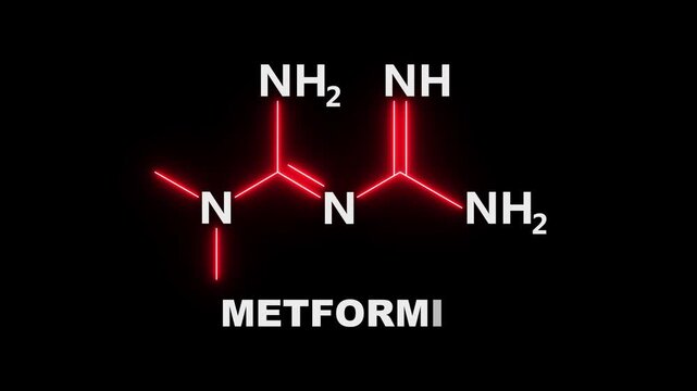neon Metformin Molecular Structure On black Background. glowing chemical formula of Metformin. Metformin Molecular Structure Symbol icon Animation. Metformin Molecule Structure icon.