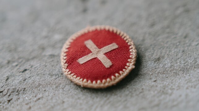 Close-up of a small, round, red patch with a white cross embroidered on it. the patch appears to be made of fabric or a similar material and is resting on a gray textured surface.