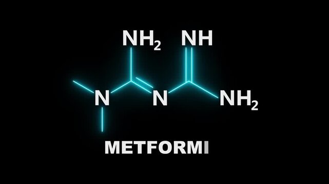 neon Metformin Molecular Structure On black Background. glowing chemical formula of Metformin. Metformin Molecular Structure Symbol icon Animation. Metformin Molecule Structure icon.