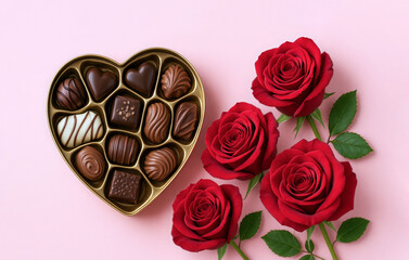 Heart shaped box of chocolate pralines and red rose for Valentine Day. Sweet gift with flower for romantic event and love celebration.