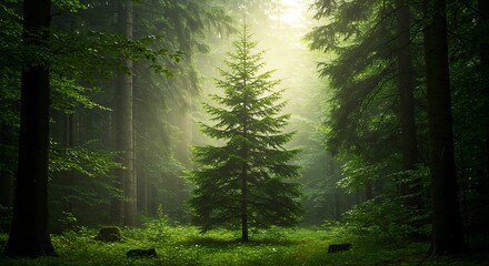 Obraz premium Lone Evergreen Tree Bathed in Forest Sunlight.