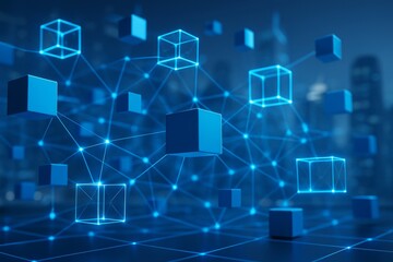 Digital blockchain structure with glowing blue cubes and network nodes in futuristic technology concept on dark city background at night. Ai generative