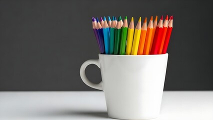 Artistic workspace setup showing a white mug containing colorful drawing implements against a neutral backdrop
