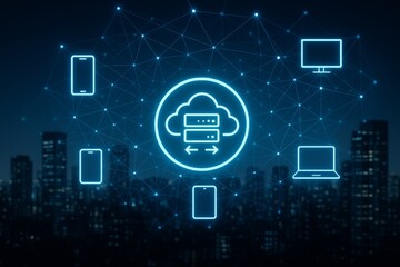 Cloud computing network with connected devices in futuristic digital interface above city skyline at night, symbolizing data synchronization concept. Ai generative