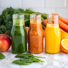 Three Bottles of Freshly Made Vegetable and Fruit Juices on Marble Surface