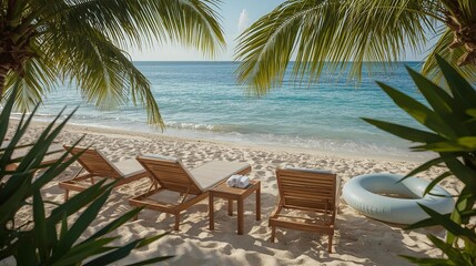 Fototapeta premium Luxury seaside vacation scene with beach chairs, umbrellas, folded towels and inflatable ring at sunset.