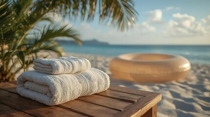 Obraz premium Luxury summer beach resort scene with towels, inflatable ring, soft tropical plants bokeh and detailed sand textures.