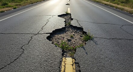 Road Damage - A Deep Crack in the Asphalt Surface.
