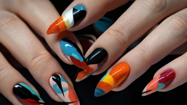 Bright nail designs with geometric patterns and contrasting colours attract attention, becoming the main backdrop for creative fashion campaigns.
