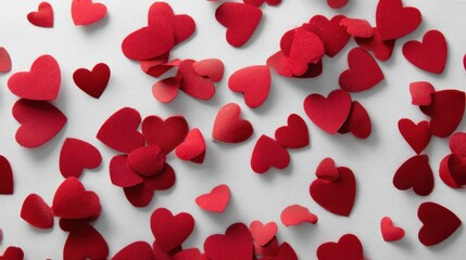 Small red hearts scattered on a white surface during a celebration or decoration event for special occasions like Valentine's Day or anniversaries