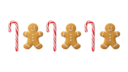 Christmas Gingerbread Men Cookies and Red Striped Candy Canes isolated PNG with Transparent Background