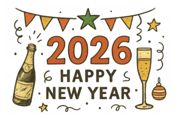 Hand drawn illustration wishing happy new year 2026, featuring a popping champagne bottle, full glass, and confetti. Transparent background