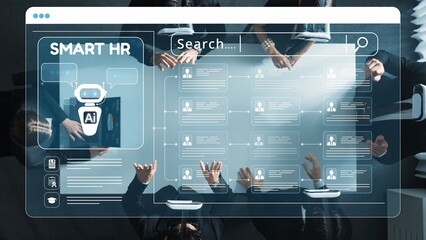 A modern office setting showcasing innovative HR technology with AI integration, emphasizing collaboration, data analysis, and efficiency in human resource management processes. Raster