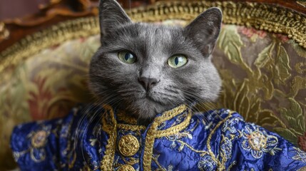 Cat in a royal blue outfit sitting on an ornate chair in a stylish room during daylight hours showing detailed patterns on the fabric