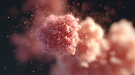Close-up of a cluster of pink-colored particles that appear to be floating in the air. the particles are spherical in shape and have a fuzzy texture.