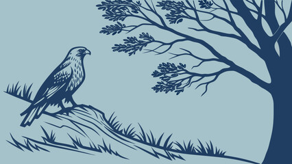 Warm Monochrome Sunrise or Sunset Landscape Illustration with Large Tree Silhouette and Hikers on Hill