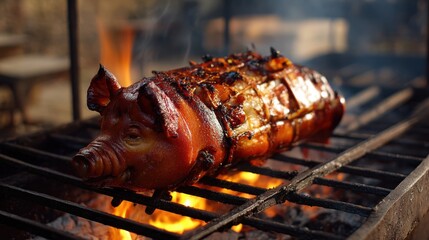 Whole pig is roasting on a grill over open flames during a cookout in the backyard at a summer gathering with friends and family