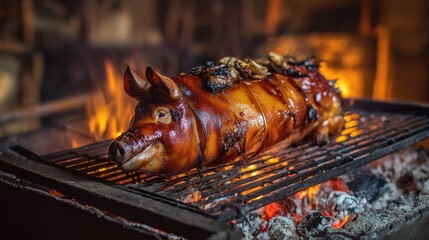 Whole pig roasting over open fire during a traditional outdoor cooking event at a rural location in the evening