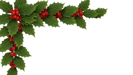 Holly leaves and berries corner frame, deep green leaves with red berries, botanical realism, transparent background PNG