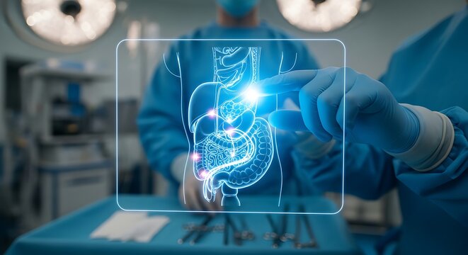 Surgeons utilizing advanced holographic technology for precise visualization and in-depth analysis of the human digestive system in a futuristic medical operating room