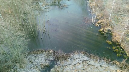 Winter landscape with frozen lake and trees