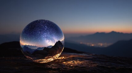 Stars reflected in a glass orb on a mountain at dusk, showcasing the night sky and landscape in the background with city lights in the distance