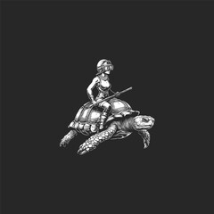 Fototapeta premium Surreal hand-drawn engraving of a female scuba diver with a spear riding on the back of a giant sea turtle