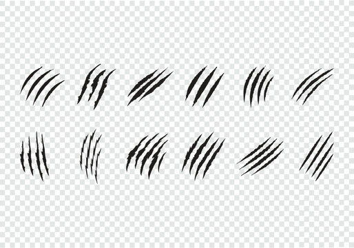 Animals claw scratches Mark icons set, Horror Monster Attack Damage Isolated on transparent
background, Claw scratches collection, Vector illustration
