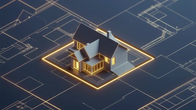 Schematic house on circuit board with golden lights. Suitable for technology or smart home concepts in marketing materials.