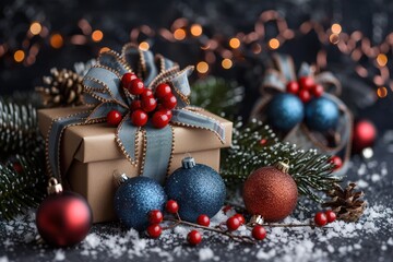 Christmas Gift Box with Ornaments and Pine Branches on Snowy Surface