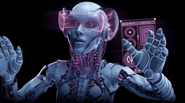 humanoid robot exploring a virtual world, futuristic android with vr headset in digital space, cybernetic figure immersed in virtual reality