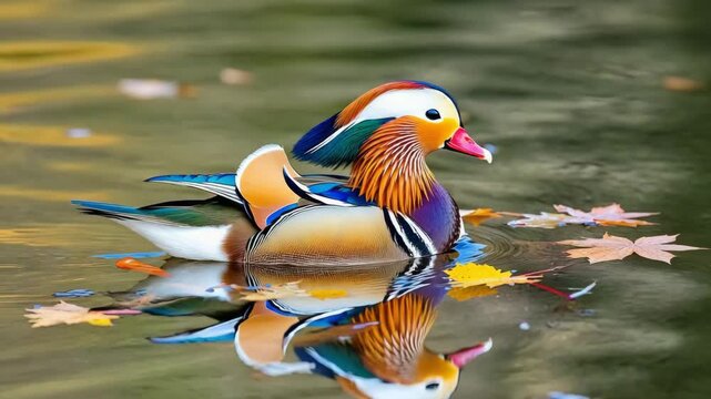 Colorful mandarin duck waterfowl in the park or pond, a wild bird with red, yellow, blue, black, and white feathers