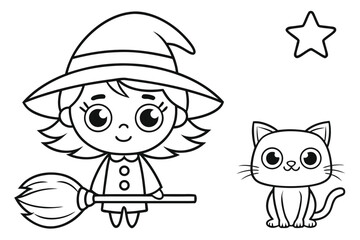Fototapeta premium Friendly Witch Halloween Coloring Page for Children Outline Vector Illustration