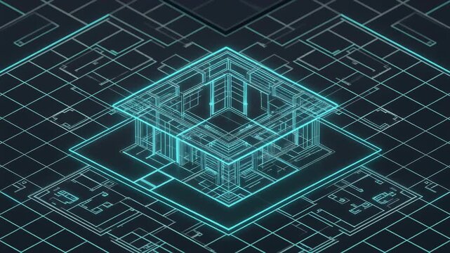 Glowing cyan blueprint or futuristic architectural structure design suitable for tech articles, engineering presentations, and futuristic concept designs.