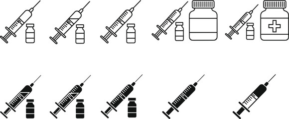 Medical syringe and vaccine vial icon set for immunization, injection tools, healthcare treatment symbols, vaccination elements, clinical medicine illustrations