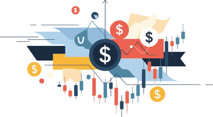 An abstract illustration depicting financial market trends with a candlestick chart, dollar signs, and various geometric shapes, symbolizing investment and economic data.