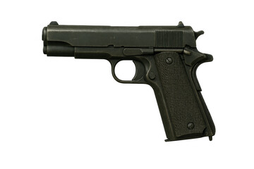 Handgun with dark finish, a semi-automatic pistol on transparent background, security and defense concept