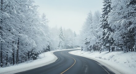 Snowy Road Through Winter Forest - A Serene Landscape.